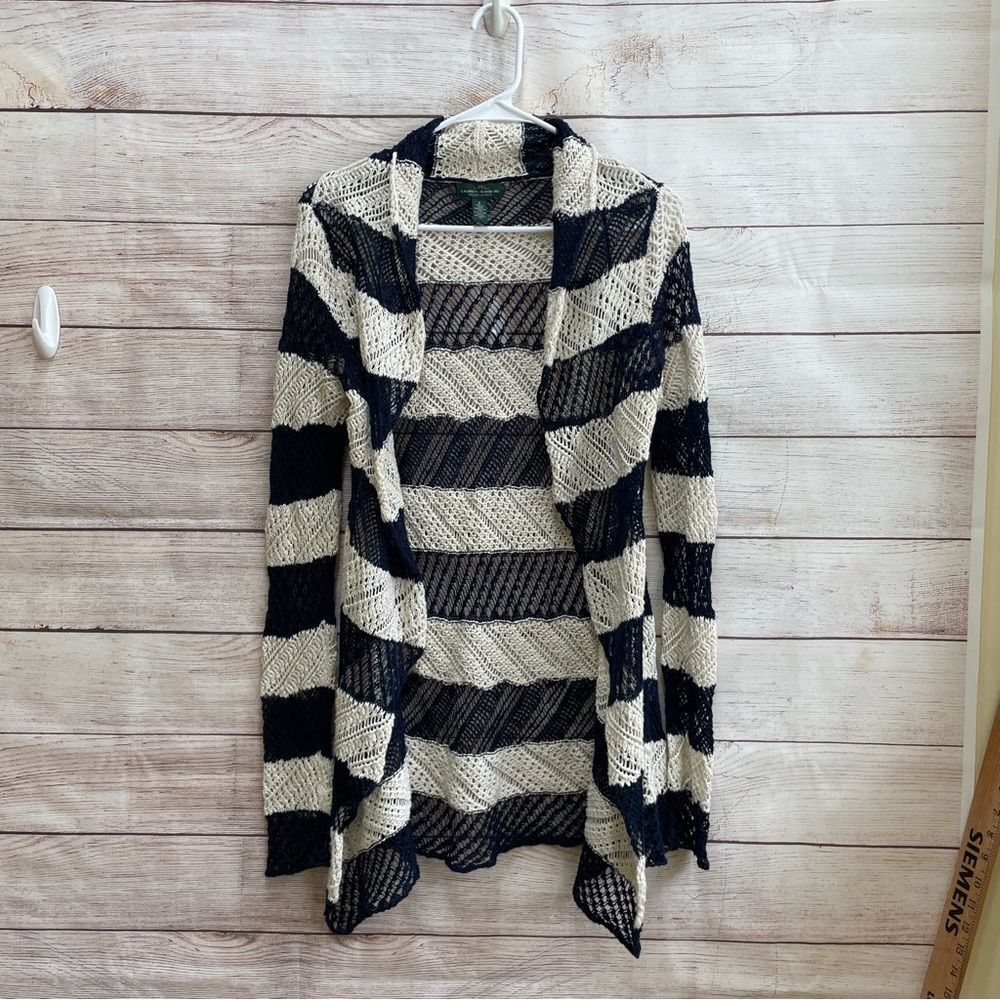 LAUREN RALPH LAUREN CROCHET CARDIGAN IN NAVY BLUE AND CREAM STRIPES